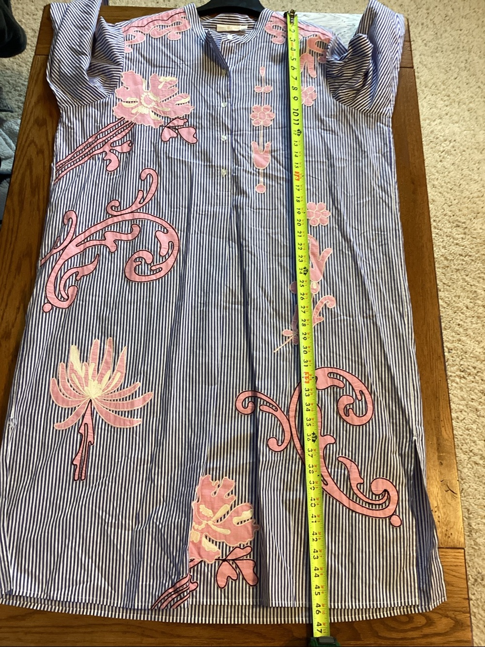 Tory Burch blue and white striped shirt dress with pink embroidered flowers. - Picture 4 of 16